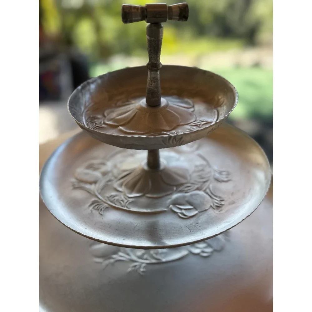 EVERLAST COTTAGE ROSE Hand Wrought Emboss ALUMINUM 3-Tier TIDBIT 1940-50's